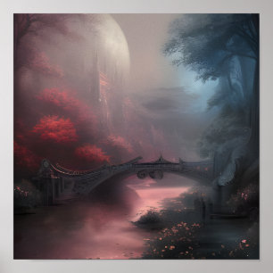 Poster Pont et château par une nuit sombre et brumeuse