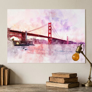 Poster Pont Golden Gate aquarelle au coucher du soleil