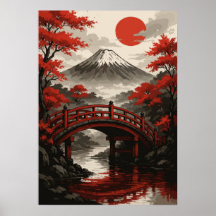 Poster Pont Rouge et Mont Fuji Paysage japonais