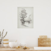 Poster Pont sur River Sketch avec de grands arbres, vinta (Cuisine)
