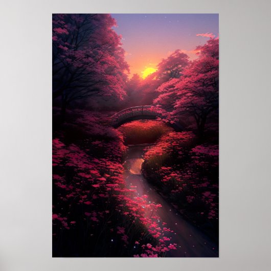 Poster Pont vers le coucher de soleil violet (Devant)