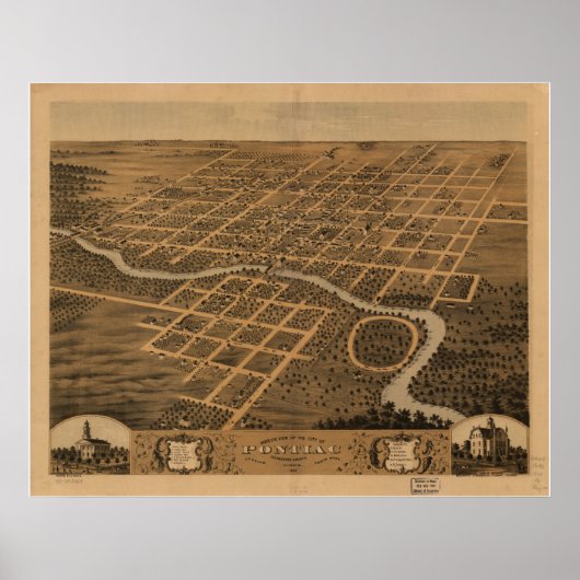 Poster Pontiac Illinois 1869 Carte panoramique antique (Devant)