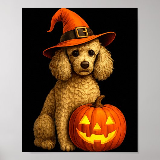 Poster Poodle Halloween Pumpkin Witch Hat Dog Art Family  (Devant)