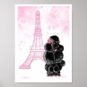 Poster Poodle noir avec tour Eiffel rose