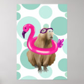 Poster Pool Party Cute Capybara Avec Flotte Flamant rose  (Devant)