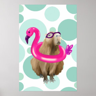 Poster Pool Party Cute Capybara Avec Flotte Flamant rose