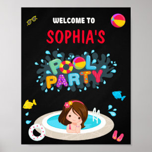 Poster Pool welcome party sign Girl waterslide pool party
