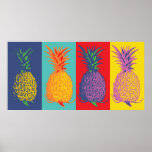 Poster Pop Art ananas<br><div class="desc">Poster d'ananas Pop Art - Présentant une affiche colorée d'une rangée d'ananas. Rappelez-vous de votre amour pour toutes les choses tropicales. Présenté dans le style pop art et les couleurs : bleu indigo, jade, violet, vert rouge et jaune. Cette pièce murale moderne en ananas donnera une touche de couleur à...</div>