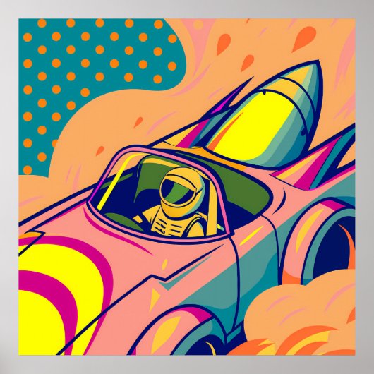 Poster Pop Art Astronaut Driving Rocket Car (Devant)