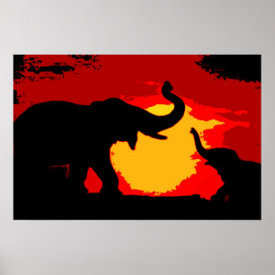Poster Pop Art Baby & Maman Elephants au coucher du solei