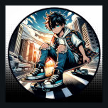 Poster Pop Art Boy sur Skateboard en ville<br><div class="desc">Un garçon de dessin animé sur son skateboard dans une rue de la ville avec des jeans arrachés et une bande dessinée d'arrière - plan urbain.</div>