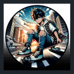 Poster Pop Art Boy sur Skateboard en ville<br><div class="desc">Un garçon de dessin animé sur son skateboard dans une rue de la ville avec des jeans arrachés et une bande dessinée d'arrière - plan urbain.</div>