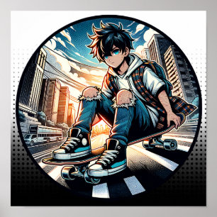 Poster Pop Art Boy sur Skateboard en ville