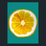 Poster Pop art citron tranche de fruits d'origine aquarel<br><div class="desc">Une jolie tranche colorée de fruits de citron jaune provenant d'un tableau original de l'artiste Sacha Grossel. Ce grand fruit de style pop art est jaune et très lumineux et coloré contre un arrière - plan de couleur turquoise bleue personnalisable. Excentrique et original.</div>
