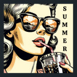 Poster Pop Art Comic Livre Jolie Femme Boire Soda<br><div class="desc">Jolie bande dessinée pop art rétro jolie dame buvant soda avec lunettes de soleil sur avec une réflexion coucher de soleil.</div>