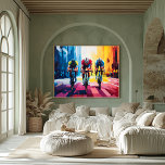 Poster Pop Art Cycling Race Wall Art - Bike Racing Imprim<br><div class="desc">Cette scène dynamique de cyclisme pop art présente trois cyclistes qui courent à travers un paysage urbain dynamique. Parfait pour les passionnés de cyclisme, cette oeuvre d'art capte l'excitation et la détermination d'une course. Customisez l'un des maillots des cyclistes avec votre nom ou ajoutez un message de motivation sur la...</div>