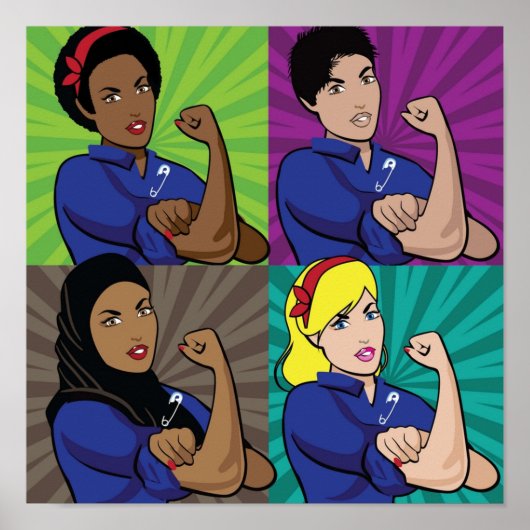 Poster Pop art de Rosie la riveteuse multiculturelle port (Devant)