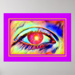 Poster Pop Art Eyes like a Flame Bold Psychedelic<br><div class="desc">Il s'agit d'un design pop art cool avec un oeil psychédélique qui brûle avec des couleurs vives et semble qu'il y ait une flamme dans l'élève avec un cadre orange et un arrière - plan violet.</div>