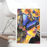 Poster Pop Art Femme Bleu Papillon Portrait<br><div class="desc">Ouvrez votre esprit à de plus grandes possibilités avec ce tableau surréaliste représentant un portrait de femme entouré de papillons monarques bleus et orange. Ce design pop art coloré était à l'origine réalisé avec de la peinture acrylique,  de l'aquarelle,  un crayon coloré et un marqueur sur papier aquarelle.</div>