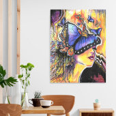 Poster Pop Art Femme Bleu Papillon Portrait