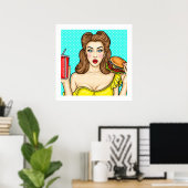 Poster Pop Art Girl with Burger Kitchen 24x24 (Bureau à domicile)