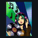 Poster Pop Art Girl with Record<br><div class="desc">Pop art girl tenant un album vinyle avec des notes musicales autour d'elle. Art dessiné à la main bleu,  vert et violet.</div>
