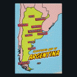 Poster Pop Art Illustré Argentine<br><div class="desc">Cette carte illustrée de l'Argentine est rendue dans un style pop art dynamique. La carte est dessinée en noir et remplie d'une couleur jaune vif,  placée contre un arrière - plan bleu avec un motif pointillé. Les principales villes d'Argentine sont étiquetées en boîtes bleues.</div>
