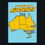 Poster Pop Art Illustré Australie<br><div class="desc">Cette carte illustrée de l'Australie est rendue dans un style pop art dynamique. La carte est dessinée en noir et remplie d'une couleur jaune vif,  placée contre un arrière - plan bleu avec un motif pointillé. Les principales villes d'Australie sont étiquetées en boîtes bleues</div>