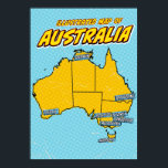 Poster Pop Art Illustré Australie<br><div class="desc">Cette carte illustrée de l'Australie est rendue dans un style pop art dynamique. La carte est dessinée en noir et remplie d'une couleur jaune vif,  placée contre un arrière - plan bleu avec un motif pointillé. Les principales villes d'Australie sont étiquetées en boîtes bleues</div>
