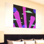 Poster Pop Art Skyline Clair violet rose étoiles<br><div class="desc">Pop Art original de Skylar Jenkins. Les bâtiments mauves sont adoucis par des nuages verts,  des lunes bleues foncées et un coeur orange.</div>