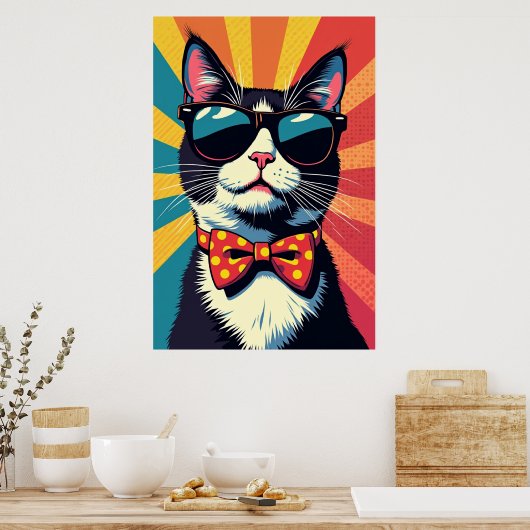 Poster Pop Purr-fect - Chat rétro en couleur gras (Cuisine)