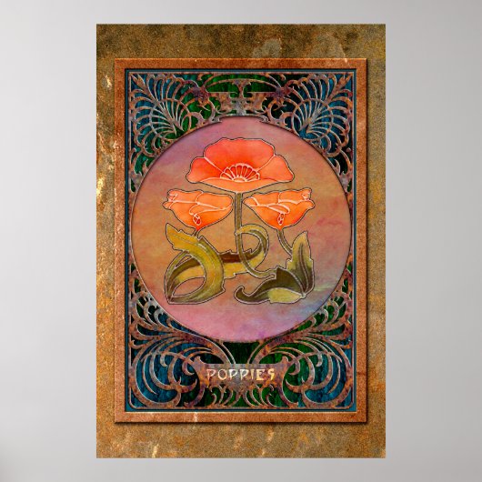 Poster Poppies Art Nouveau en Coppery Mucha Frame (Devant)