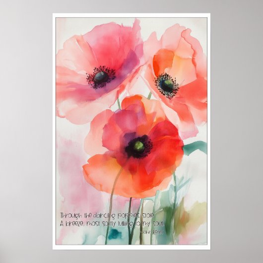 Poster Poppies d'aquarelle rouge avec citation Keats (Devant)