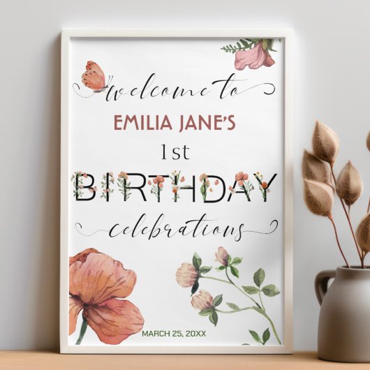 Poster Poppies rose aquarelle fête d'anniversaire Bienven
