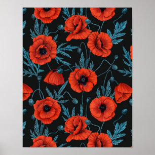 Poster Poppies, rouge et bleu sur noir