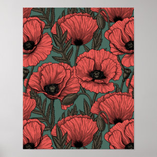 Poster Poppy garden in coral, brown and pine green