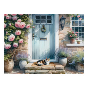 Poster Porche florale de Cottagecore avec Calico Cat