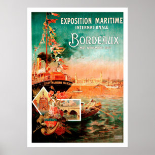 Poster Port de la ville de Bordeaux, France, bateau touri