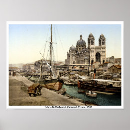 Poster Port de Marseilles & Cathédrale 1900 antique Franc
