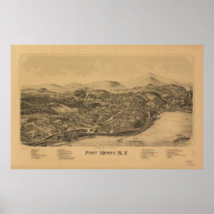Poster Port Henry New York 1889 Antique carte panoramique