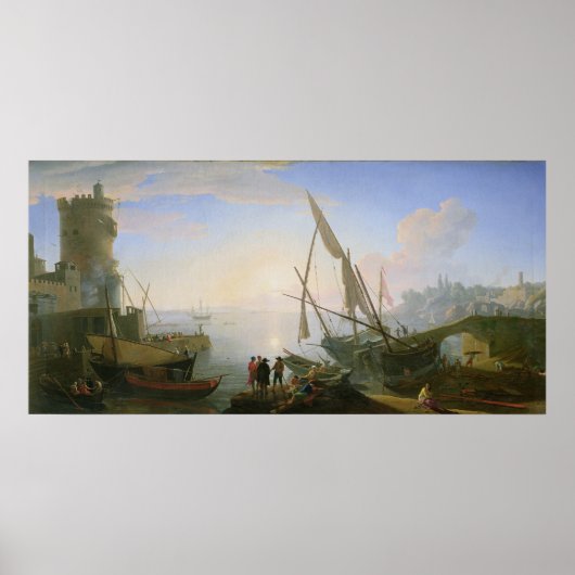 Poster Port maritime avec coucher de soleil (Devant)