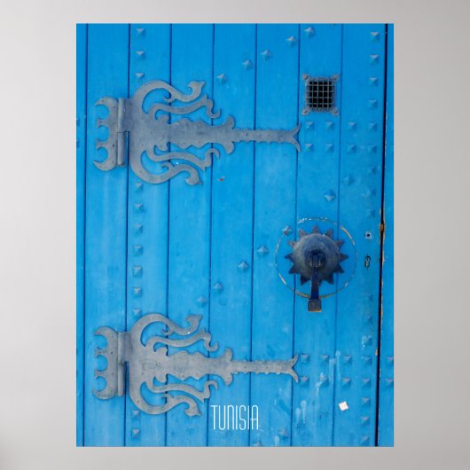 Poster Porte en bois bleu traditionnel en Tunisie (Devant)