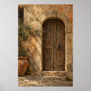 Poster Porte en bois rustique arquée et mur en pierre Art