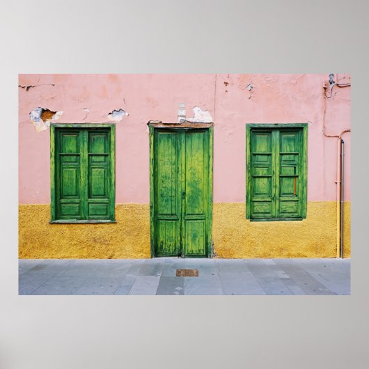 POSTER PORTE EN BOIS VERT SUR MUR EN BÉTON BLANC (Devant)