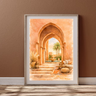 Poster Porte marocaine en aquarelle Riad avec fontaine