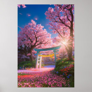 Poster Porte Torii au milieu de la fleur de cerisiers