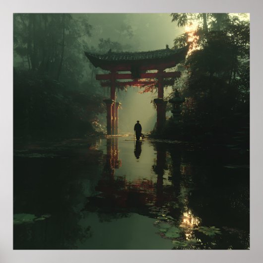 Poster Porte Torii Brumeuse Figure Solitaire à l'Aube (Devant)