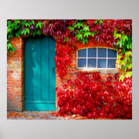 Porte Turquoise pittoresque avec feuilles d'automn