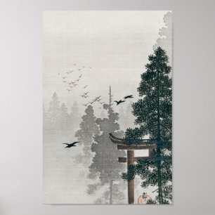 Poster Porte vintage De Torii Dans Une Forêt De Pins, Rét