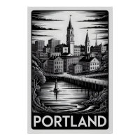 Portland Maine Skyline Noir Blanc Gravure sur Bois